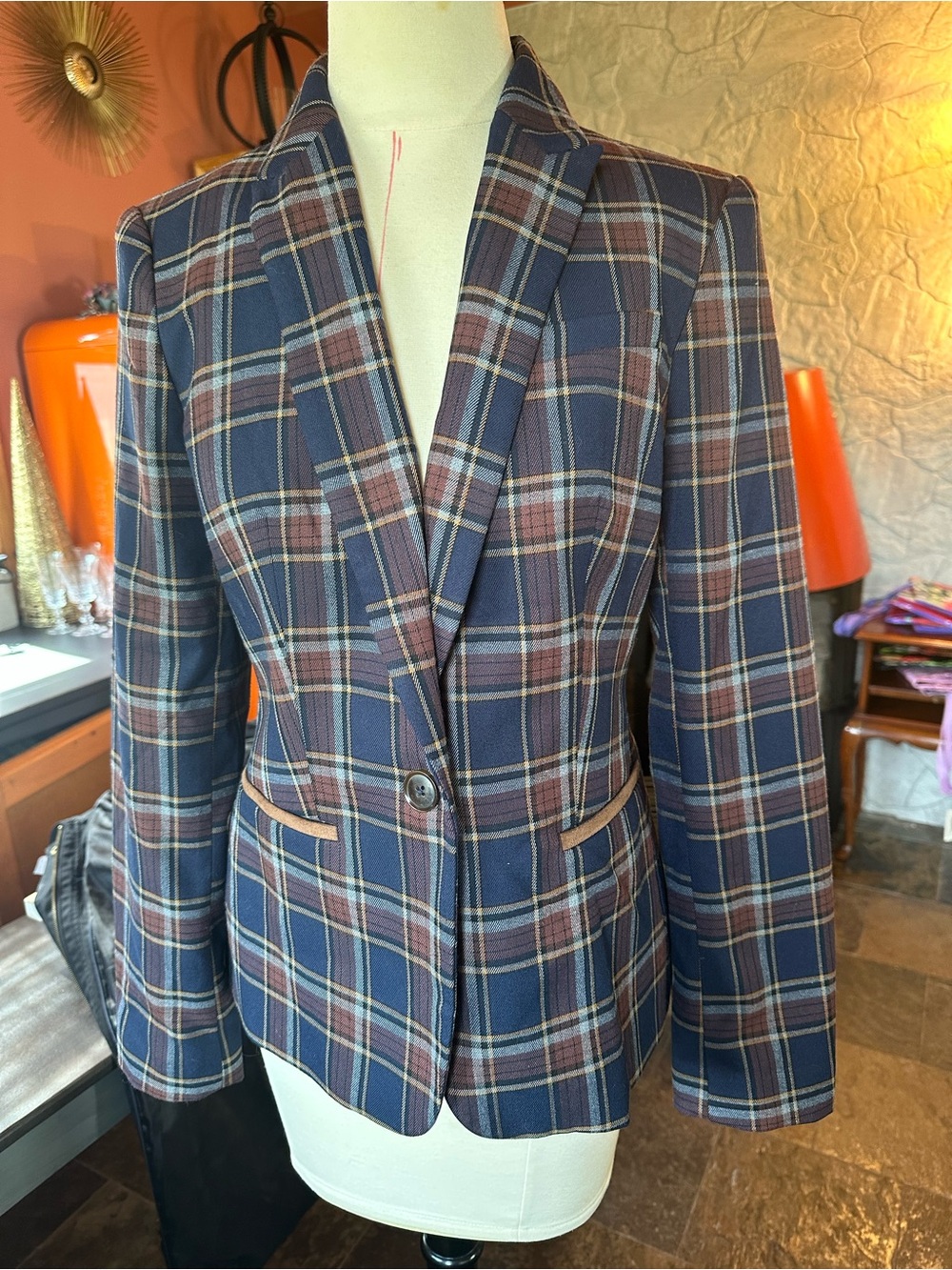 Tommy Hilfiger Navy Plaid Single-Button Blazer with Brown Accents